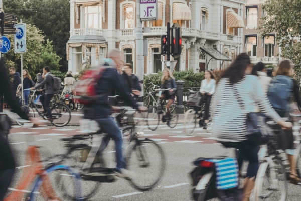 A busy street with cyclists