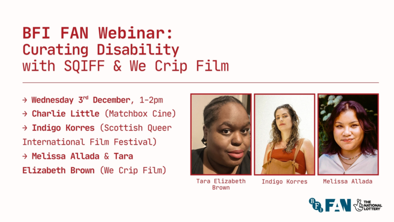 Event banner with all details of BFI Fan Webinar: Curating Disability. There are headshots of the three featured speakers.